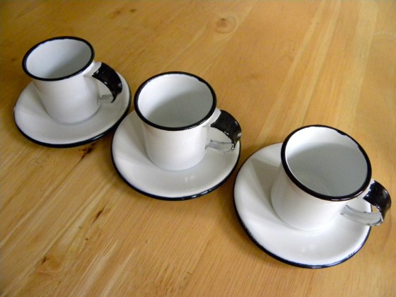 3 Small Enamel Coffee Cups + Saucer